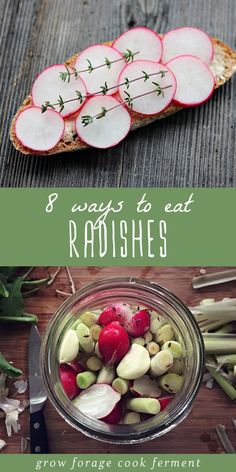 radishes in a glass jar and sliced radishes on a cutting board