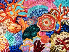 an abstract painting of colorful corals and seaweed