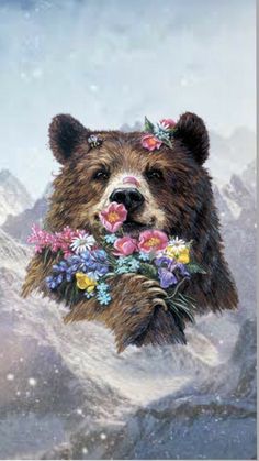 a painting of a bear with flowers in its mouth and mountains in the back ground