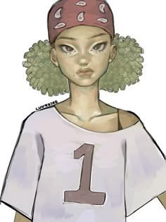 a drawing of a woman wearing a number one shirt