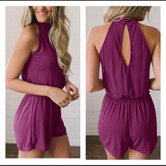 Color: Plum Unique Design: Casual Style, Sleeveless, Solid Color, Keyhole Back With Button Details, Loose Fitting Romper Romper Season Is Fast Approaching, Ladies! This Gorgeous Babe Features A Halter Neckline, A Key Hole Back And Button Detail, The Elastic Waist Make This Romper Easy To Wear, Plus The Material Is Soft And Breathable So You Will Be Cool And Comfy All Summer Long! Pair With Wedges For A Dressy Look, Or Go Casual By Wearing It With Flat Sandals. Occasions: Perfect For Summer, Dail Teal Jumpsuit, Chambray Romper, Solid Color Jumpsuits, Bodysuit Jumpsuit, Girls Joggers, Boho Romper, Linen Romper, Long Romper, Strapless Jumpsuit