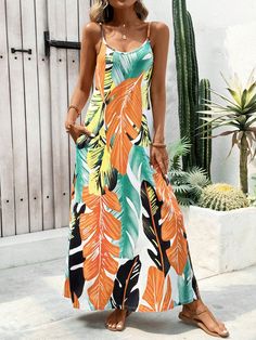 Women Summer Holiday Tropical Plant Printed Long Cami Dress Multicolor Boho  Sleeveless Knitted Fabric Tropical,Plants,All Over Print Cami Medium Stretch  Women Clothing, size features are:Bust: ,Length: ,Sleeve Length: Long Cami Dress, Tropical Outfit, Plant Print, Women Long Dresses, Beach Fun, Tropical Plants, Cami Dress, Summer Holiday, Long Dresses