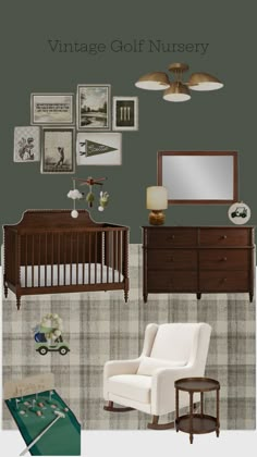 Golf themed nursery, vintage golf, baby boy nursery, green nursery Green Nursery Boy, Classic American Home, Cowboy Nursery, Nursery Decor Inspiration