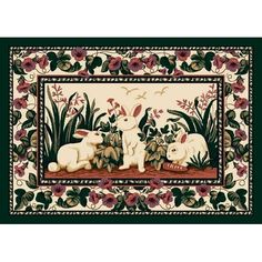 an image of rabbits in the grass with flowers and birds on it's border