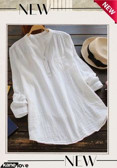 Women's Casual Solid Color Button Long Sleeve Shirt Basic Streetwear, Linen Top Women, White Shirts Women, Linen Blouse, Women Shirts Blouse, Plus Size Shirts, Stand Collar, Online Clothing, T Shirt Top