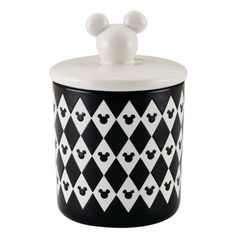 the mickey mouse cookie jar is decorated with black and white argyle pattern, which features ears