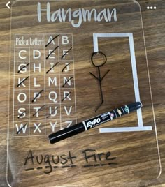 a clear acrylic sign with writing on it that says hangman august fire