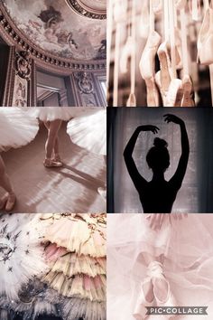 four different pictures with ballet shoes and ballerinas in the middle one is wearing a tutu