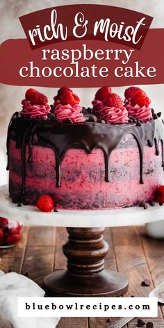 a raspberry chocolate cake on a plate with the words rich & moist raspberry chocolate cake