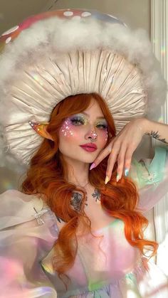 Mystical Creatures Costumes Diy, Glitter Fairy Costume, Mushroom Fairy Makeup Looks, Mushroom Makeup Ideas, Fairy Makeup Ideas Fantasy, Halloween Costumes Elf, Fairy Makeup Ideas Halloween, Mythical Creatures Costumes, Cherub Costume