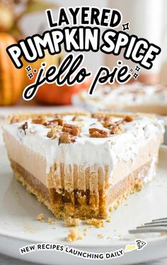 a slice of layered pumpkin spice jello pie on a plate