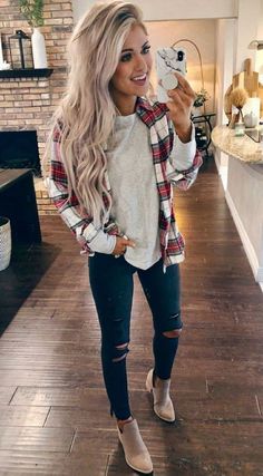 Winter Outfits For School, Glamorous Fashion, Flannel Outfits, Plaid Shirts, Cute Fall Outfits, Slouchy Beanie, Looks Chic, Casual Winter Outfits, Glamour Fashion