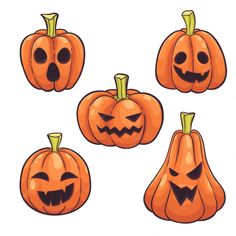 four pumpkins with faces drawn on them, all in different shapes and sizes are shown