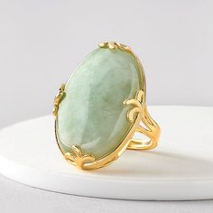 30x20mm Jade Ring in 18kt Gold Over Sterling | Ross-Simons Jade Ring Engagement, Jade Accessories, Stone Ring Design, Jade Design, Ring Inspo, Diamond Fashion Jewelry, Turquoise Drop Earrings, Chinese Jade, London Blue Topaz Ring