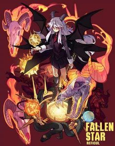 an anime character surrounded by fire and demon like creatures, with the caption fallen star rescue