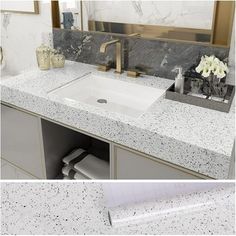 two pictures of a bathroom sink with marble counter tops