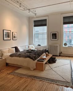 a bed room with a neatly made bed next to two windows and a radiator