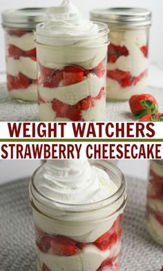 strawberry cheesecake in a jar with whipped cream and strawberries