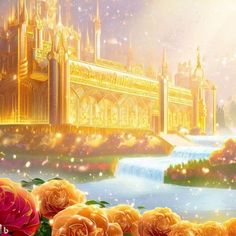 there is a castle and some flowers in the foreground with water flowing from it