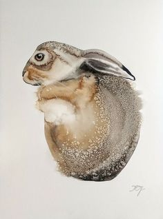 a painting of a brown and white rabbit sitting on its hind legs with snow all over it's fur