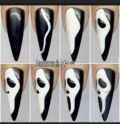 Scream Nail Art Tutorial, Ghostface Nail Art, Scream Mask Nails, Scream Face Nails, Ghost Face Nails Acrylic, Halloween Nails Ghostface, Scream Nails Acrylic, Halloween Scream Nails, Halloween Nails Scream