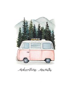 an illustration of a van with trees on top and the words adventure awaits above it