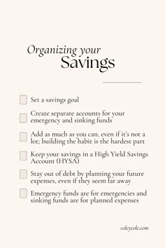 a white poster with the words organizing your savings