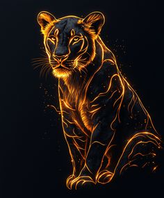 a drawing of a tiger sitting on the ground with fire coming out of it's eyes