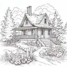 a drawing of a house in the woods with trees and flowers on the front lawn