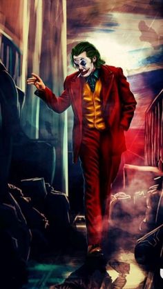 the joker is walking down the street in his red suit