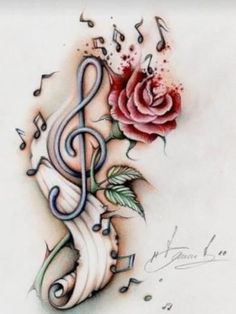 a rose and musical notes tattoo design