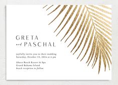 a white and gold wedding card with palm leaves on the front, which reads greta and paschal