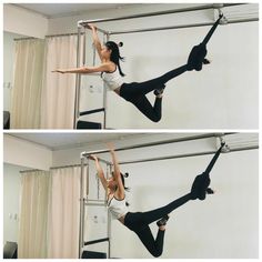 two photos of a woman doing aerial acrobatics on a metal beam in the middle of a room