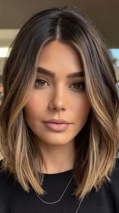 Revamp Your Look with Dark Brown Hair With Highlights Long Bob Lob Haircuts with Balayage 🦋 Brown Hair With Highlights Long, Short Bob Brunette, Highlights Long Bob, Volume Bob, A Lob Haircut, Long Straight Bob, Bob Brunette