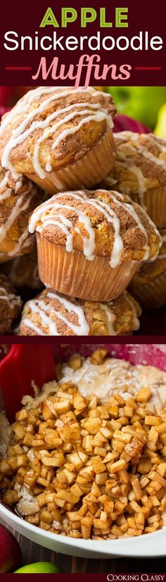 apple snickkerdoodle muffins with cinnamon glaze on top