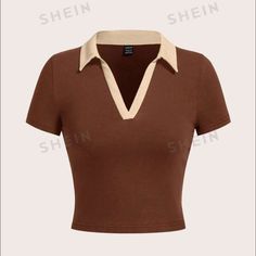 Shein Nwt Large Short Sleeve Brown And Beige Polo Cropped Top. Very Stretchy Great Material. Shirts With Collars For Women, Cheap Red Cropped T-shirt Casual Style, Affordable Vintage Streetwear Crop Top, Cheap High Stretch Y2k Tops, Affordable Trendy Daywear Tops, Cheap Y2k Cropped Crew Neck Shirt, Affordable Y2k Collared Tops, Cheap Y2k Collared Tops, Cheap Red Crew Neck Crop Top