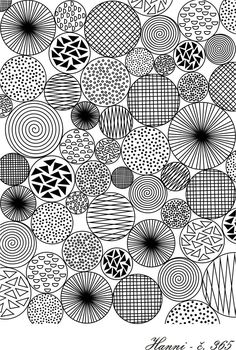 an abstract black and white drawing with circles