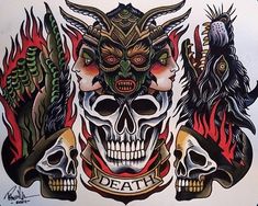 two skulls with demon heads and flames on their faces are depicted in this sticker