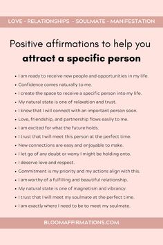 a pink poster with the words positive affirmations to help you attract a specific person