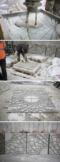 the process of creating an intricate design on concretes is shown in three different stages