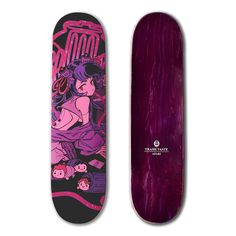 the skateboard is purple and has an image of a woman with pink hair on it