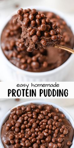 chocolate pudding in a white bowl with text overlay that says easy homemade protein pudding