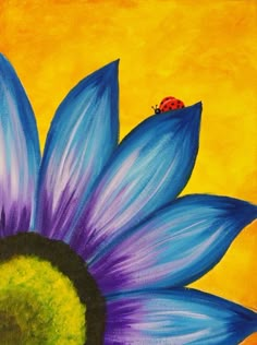 a painting of a blue flower with a ladybug on the center and yellow background