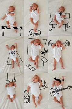 six baby pictures with different poses and bodysuits for babies to draw on the bed