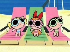 three cartoon characters sitting on lawn chairs in front of the ocean, with one person wearing sunglasses