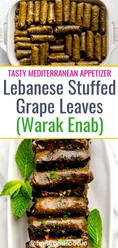 an image of some stuffed grape leaves on a white plate with text overlay that reads, easy mediterranean appetizer lebanse stuffed grape leaves waak enab