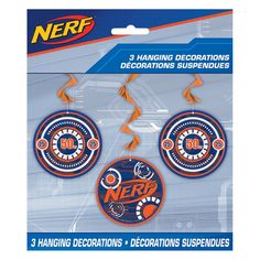 three hanging decorations with the words nerf in orange and blue on it's packaging