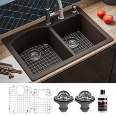 double sink with grid strainers and drainers on countertop next to kitchen utensils