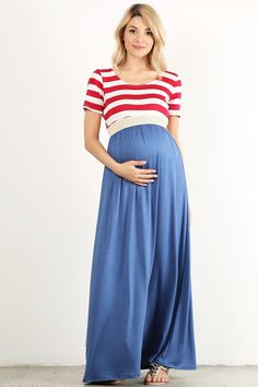 Maternity Maxi dress in a loose flowing fit with a striped bodice, round neck, short sleeves, and crochet waistband. Fabric: Jersey Content: 65% Polyester 30% Rayon 5% Spandex Bump Friendly Maternity Maxi Dress, Bump Friendly Maxi Maternity Dress, Nursing Friendly Maxi Maternity Dress, Blue Maternity Maxi Dress, Blue Maxi Length Maternity Dress, Casual Maxi Maternity Dress, Red Maxi Maternity Dress, Red Summer Maternity Dress, Blue Maternity Maxi Dress For Spring