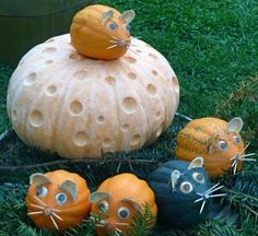 pumpkins and mice are sitting in the grass